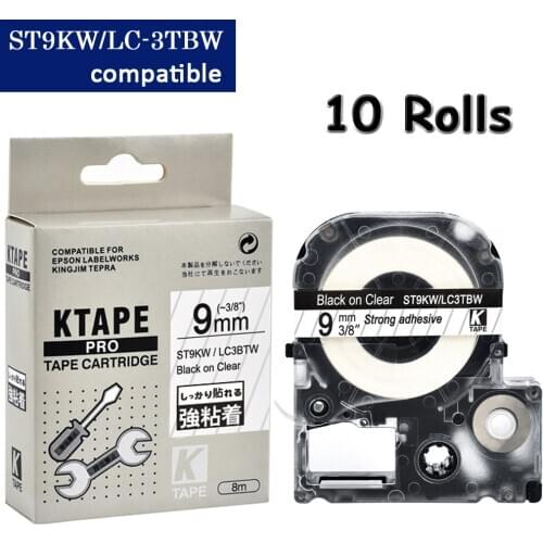 CIDY 10pcs 9MM black on clear ST9KW/LC3TBW9 LC-3TBW adhesive tape for kingjim/epson label maker LW400 LW600 SR150
