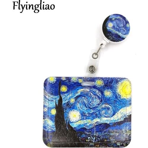 Van gogh Oil Painting Starry Sky Fashion Women Card Holder Lanyard Colorful Doctor Student Exhibition Card Clips Badge Holder