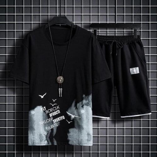 Men Birds Printed Short Sleeve O-Neck T-shirt Drawstring Shorts Sports Suit Sportswear Set Activewear for Daily Wear