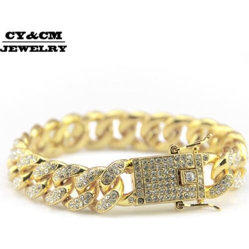 12mm Mens Gold Silver Color Rhinestone Bracelet Bangles Heavy Miami Cuban Link Chain Bracelets Hip Hop Punk Jewelry for Men 8"