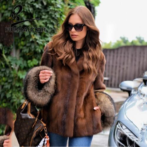 FURSARCAR New Fashion Real Mink Fur Coat Women Genuine Leather Jacket With Natural Raccoon Fur Cuff Luxury Mink Fur Outwear