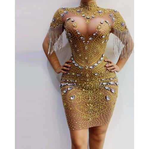 2020 New Style Gold Rhinestones Fringe Transparent Dress Bar Birthday Celebrate Mesh Outfit Women Dancer Wear Prom Dress