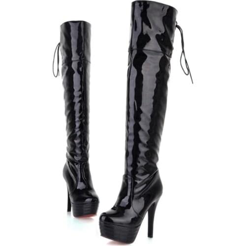 Sexy Boots High Heels Behind Lace Up Thigh High Boots Patent Leather Platform Boots Womens Designer Boots Plus Size 51 52 M-999