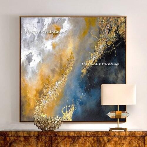Handmade Modern Nordic Abstract Picture Wall Art Canvas Painting Blue Sky And Golden Sea For Home Wall Decoration No Frame