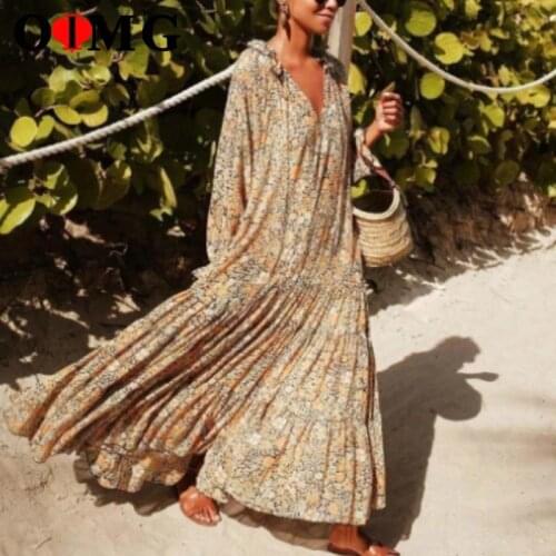 OIMG Boho Floral Print Vintage Long Dress Elegant Women V Neck Ruffle Butterfly Sleeve Lady Big Swing Loose Maxi Dresses 10302