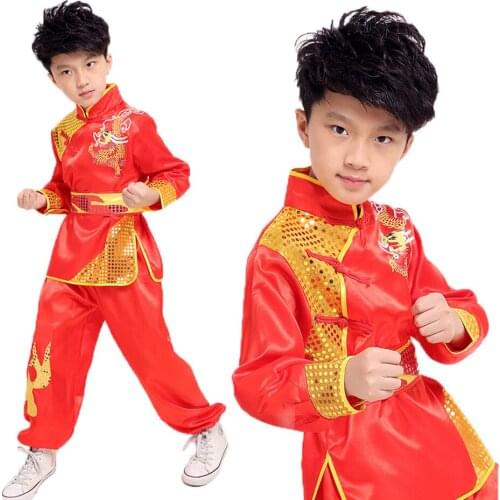High Quality Children Adults Tai Chi Wushu Clothing Long Sleeve Ethnic Dragon Totem Martial Art Performence Suits for Boys