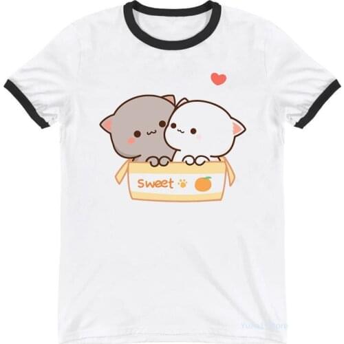 Funny T Shirts Women Clothes 2021 Peach And Goma Mochi Cat Cartoon Print Tshirt Femme Harajuku Kawaii Clothing T-Shirt