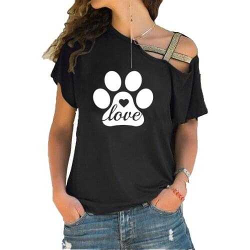 Love Heart Paw 100% Cotton T-shirt Cute Animal Lover Gift Funny Women Irregular Skew Cross Bandage tee tops