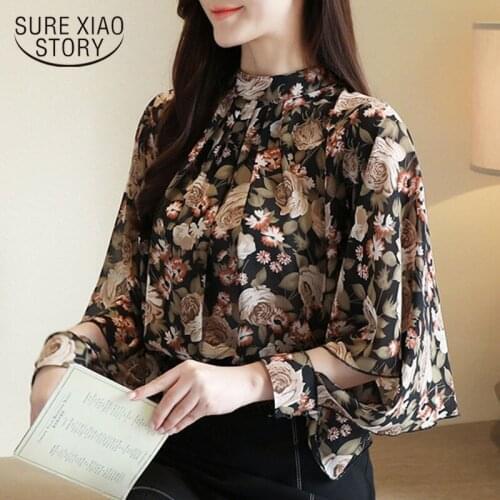 2021 Spring Long Sleeve Floral Stand Collar Bat Sleeve Women Blouses And Tops Women Clothing Elegant Female Tops Blusa 8281