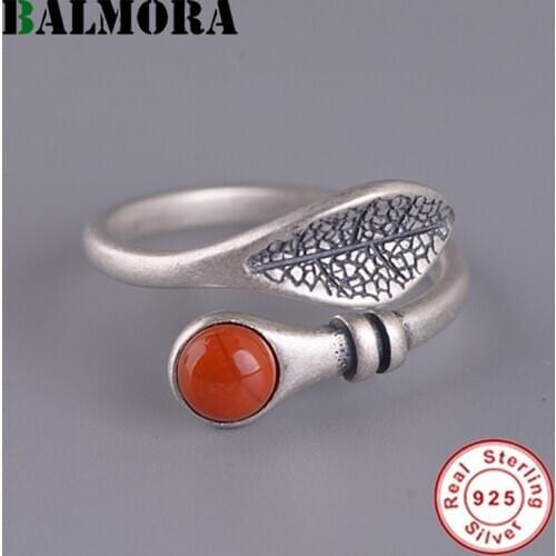 BALMORA 100% Pure 925 Sterling Silver Leaf Ring For Women Carnelian Ring Open Adjustable Finger Ring Stackable Ring Jewelry Gift