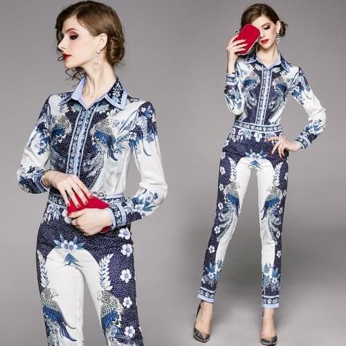 2020 Spring Summer Fall Runway 2 Piece Womens Sets Retro Vintage Print Collar Long Sleeve Top Shirt Blouse Pant Suits Outfits