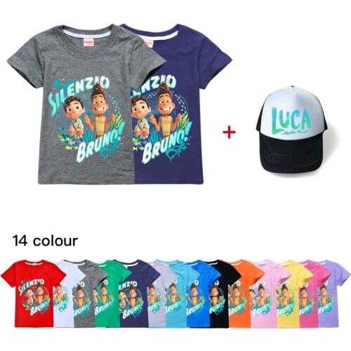2021 2-16 Years Luca Girls T-Shirt Boys Short Sleeve Tee Tops Kids Cartoon Printing Clothes Children Birthday Party Wear+Sun hat