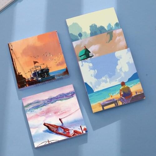 3pcs/set Kawaii Creative Oil Painting Landscape Note Pad N Times Notepad Creative Self-Adhesive Message Note Student Stationery