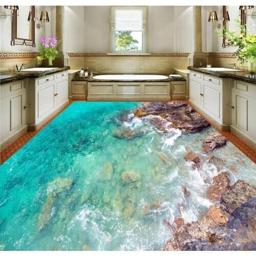 3d floor painting wallpaper Beach wave 3D floor decoration painting waterproof wall murals 3d flooring