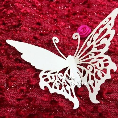 50pcs Free Shipping laser Cut Pearl paper Butterfly Place name cards Seat Wedding Invitation Cup Cards Wine Glass party supplies