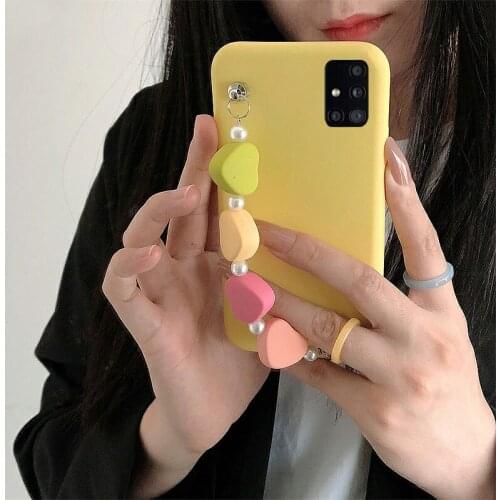 Candy Color Love Heart Shape Acrylic Chain Phone Case For Samsung A50 A51 A52 A70 A71 A72 A31 A32 A10S A20S A21 A21S Soft Cover