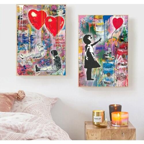 Girl Chasing Love Balloon Play On Swing Street Graffiti Art Canvas Print Painting Wall Picture Living Home Decoration Poster