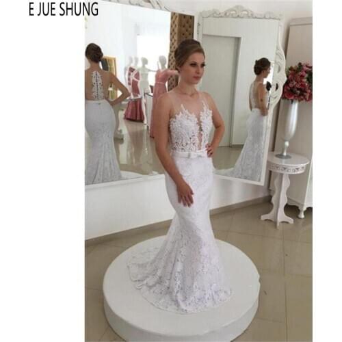EJUE SHUNG White Lace Beach Mermaid Wedding Dresses Sheer O Neck Zipper Back Bow Sashes Appliques Wedding Gowns Vestido De Novia