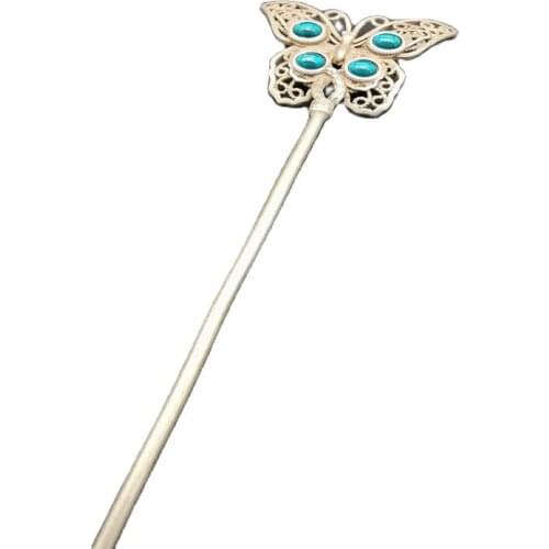 Chinese Tibet silver Carved Tibetan Silver Inlaid Turquoise Silver hairpin