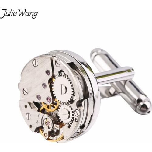Julie Wang 1Pair Metal Color Watch Movement tourbillon Nail Sleeve Button Cuff Links Daily Formal High End Men Jewelry Fine Gift