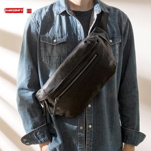 First Layer Cowhide Chest Bag Mens Business Shirt Sports Backpack Genuine Leather Large Capacity Casual Shoulder Messenger Bag