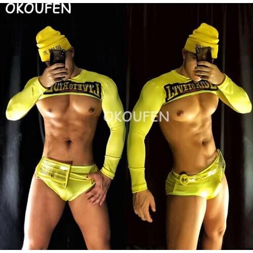 New yellow flame theme party costume nightclub bar ds men and women sexy party dj performance clothing