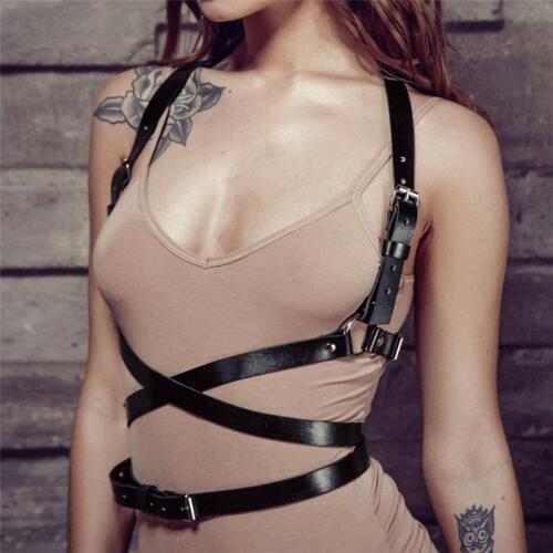 Women streetwear Punk Goth Leather Harness Body Bondage Belt Cage Sculpting Leather Waist Belt Chest Belts Slim Body Buckle Top