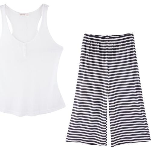 Solid Knitted Tank Tops Stripe Loose Calf-Length Pants 2 Pcs Sets Pajamas for Women Home Casual Clothes Sleepwear Pajama Suit