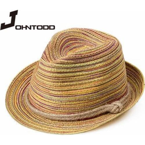 2021 Fashion Women Men Summer Rainbow Colors Hats with Bow Straw Outdoor Beach Jazz Panama Cape Boat Hat Women Travel Sunhats