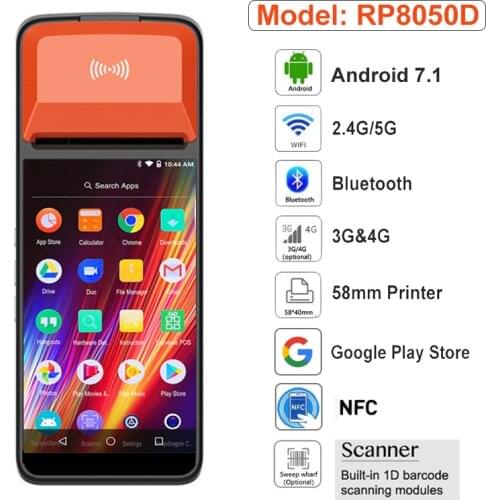 PDA Android 7.1 Bluetooth Thermal Receipt Printer 58mm 4G WiFi Mobile Order POS Terminal NFC 1D Barcode Scanner
