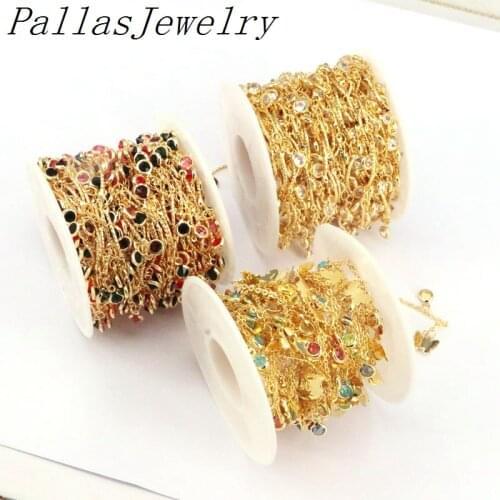 5 Meters New Design Gold Plated with clear / rainbow cubic zirconia link chain, cz micro pave rosary chain, cz jewelry componen