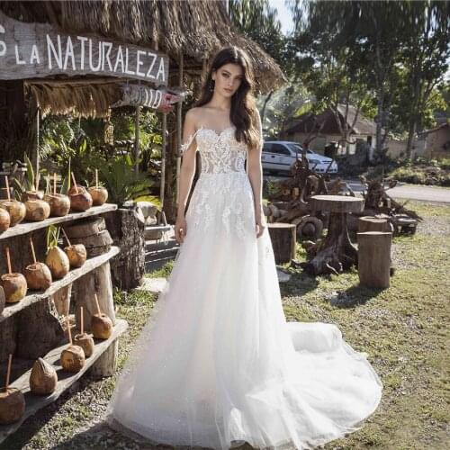 Sweetheart Neckline White Dress With Appliques Lace Wedding Dresses 2020 Outdoor A-line Tulle Sequin mariage Bridal Gown