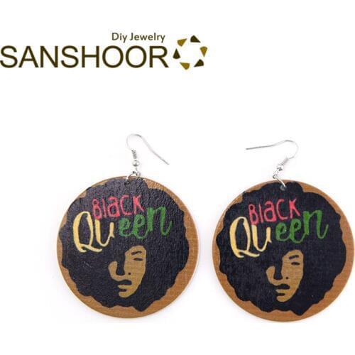 SANSHOOR Painting Black Queen Wood Drop Earrings Afrocentric Ethnic Natural Hair Boho Jewelry 6cm Diameter For Women Gifts 1Pair