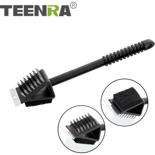 TEENRA Stainless Steel BBQ Cleaning Brush 3 In 1 Spading Brushing Wiping Long Handle Stainless Steel Barbecue Cleaning Tool