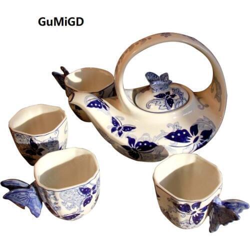 Wedding decoration Kung Fu Teaware Set Jingdezhen Blue and White Porcelain Butterfly Love Four-person Set