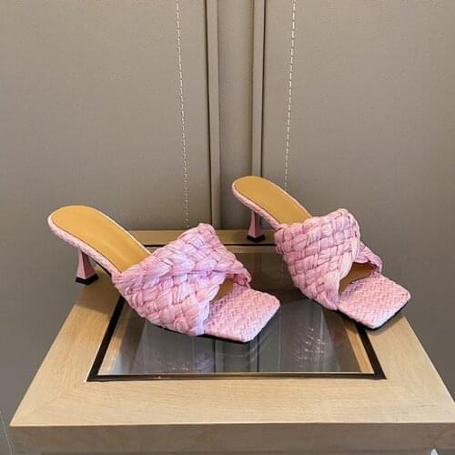 2021 Trendy Designer Multi-Colored Weaving High Heel Mule Slipper Flat Slip-On Peep-Toe Womens Sandals Summer Shoes For Party