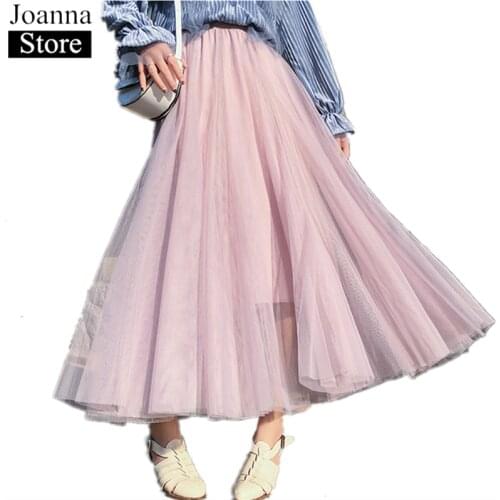 Autumn New Women Big Skirt High Waist Mesh Pleated Long Skirts Oversized Sweet Style Summer Casual Korean Style Clothes Ladies