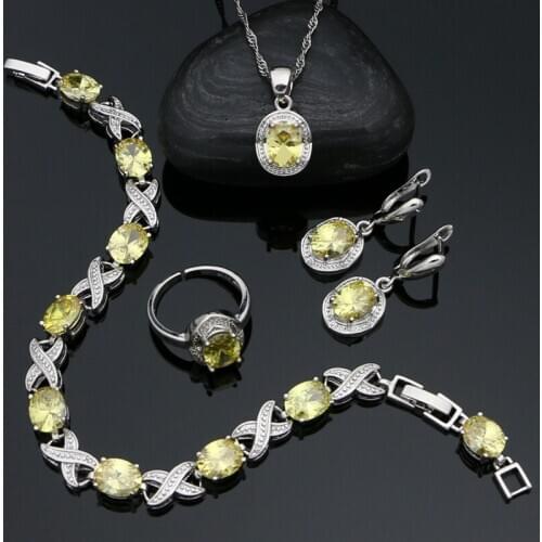 Yellow Cubic Zirconia 925 Silver Jewelry Set Oval Pendant Adjustable Ring Bracelet Earrings Birthday Gift for Woman