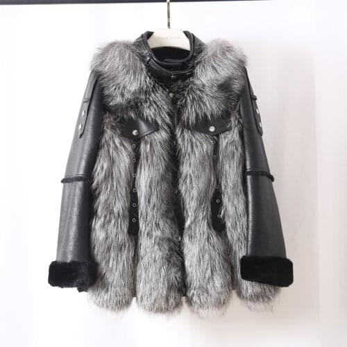 MENINA BONITA Real Natural Silver Fox Fur Winter Jacket Women Coat Double-faced Merino Sheep Fur Genuine Leather Warm Outerwear
