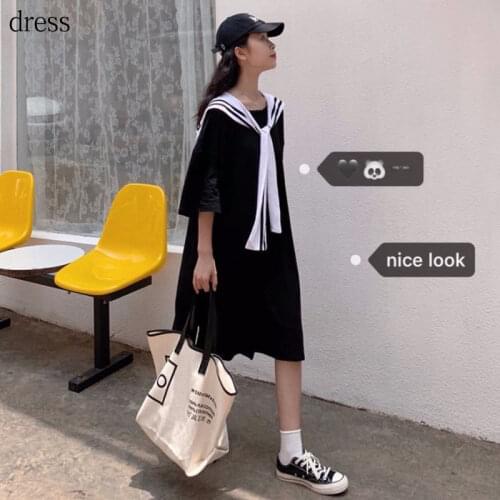 2021 plus size 300 kg pregnant womens skirt summer loose belly hidden meat thin navy collar dress