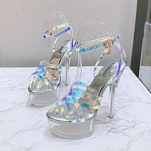 2021 Summer New Style Korean Sweet Transparent Crystal Heel Cross Strap Fish Mouth Sandals Ladies Fashion Stiletto Shoes