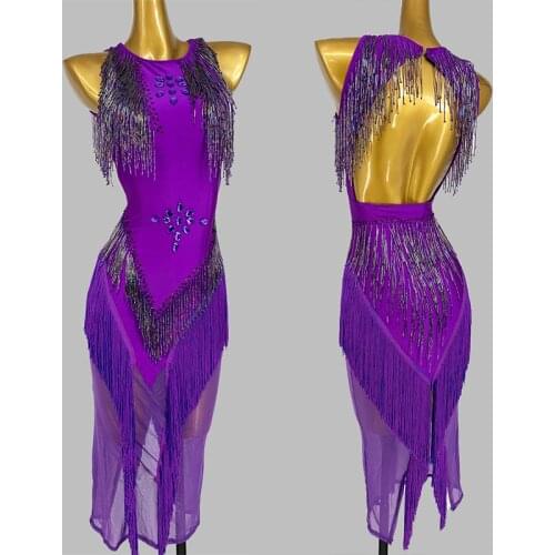 2021 Purple Latin Dance Competition Dresses For Women Prom Stage Costume Sexy Backless Fringe Dress Tango Rumba Dancewear BL6592