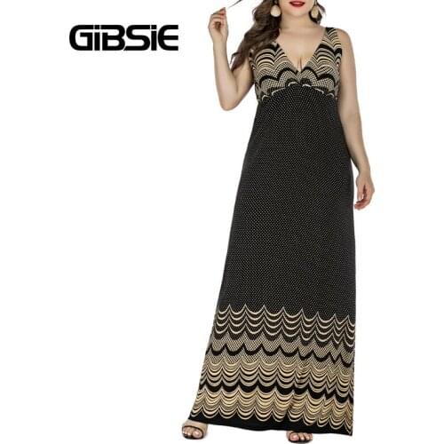 GIBSIE Sexy V-Neck Sleeveless Tank Dress Women Summer Casual Print Long Maxi Dresses Plus Size Vacation Female Beach Dress 6XL