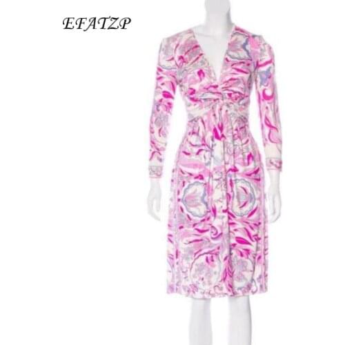 New Fashion 2018 Designer Brand Dress Womens Pink Geometry Printed Long Sleeves V-Neck Stretch Jersey Silk XL XXL Day Dress