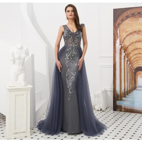 2019 Sexy Backless Gray Prom Dress Women Long V Neck Crystal Beads Party Gown Sleeveless A Evening Gown
