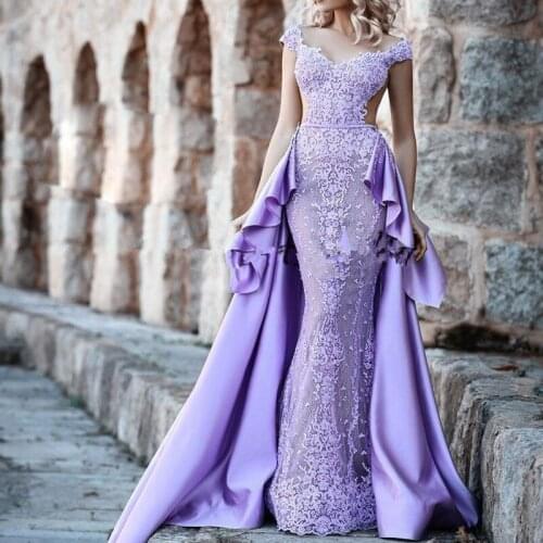 Lavender Lace Mermaid Evening Pageant Dresses 2021 with Overskirt Train Sexy Backless Trumpet Plus Size Prom Formal Party Gown