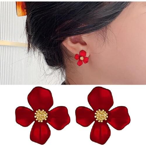1 Pair Women Sweet Red Flower Shape Four Petals Ear Stud Earring Jewelry Accessory Four Petals Flower Earring for Anniversary