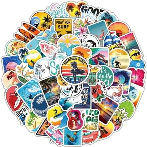10/50/100pcs Summer Tropical Hawaii Surfing Stickers Vinyl PVC Waterproof Laptop Skateboard Fridge Bike Helmet Kid Toy Sticker