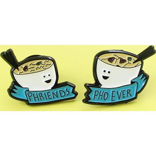 2pcs Cartoon PHRIENDS PHO EVER White bowl smiley face Blue ribbon Fashion Tea Cup Badge Pin Cartoon Cute Costume Jewelry Gifts