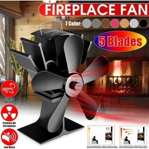 5 Blade Black Fireplace Fan Heat Powered Stove Fan komin Log Wood Burner Eco Friendly Quiet Fan Home Efficient Heat Distribution